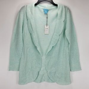 Two Bees Cashmere 100% Dainty Scallop Cardigan Sweater Womens Medium M Blue $220